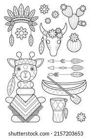 Children's coloring with toys in the theme of the American Indians on a white bakground. Children's holiday, kids' party, stickers, games.