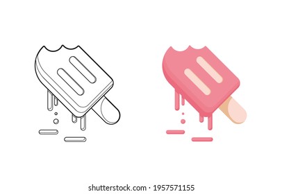 Children's coloring vector illustration with a cute pink ice cream. Doodle clip art. Flat design. On white background. Eps 10