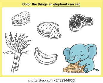 Children's coloring worksheet: Color the foods that the elephant can eat. Fun for preschool years children. Game worksheet.