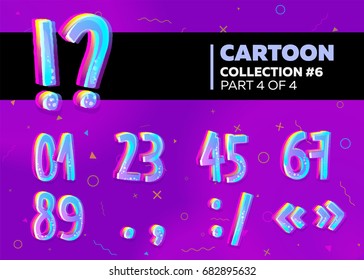 Children's Comic Vector Font in Cartoon Style. Bright and Colorful 3D Numbers. School Funny English Alphabet Illustration on Violet Background with Memphis Pattern. 