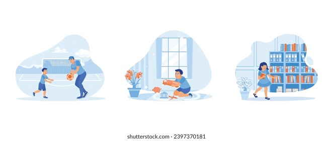 Children's concept. Father and son playing football. Children playing with cars at home. The little girl is in the school library.  set trend modern vector flat illustration