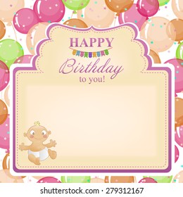 Children's congratulatory background with a birthday for girls. Postcard for greetings birthday with balloons for a little girl.