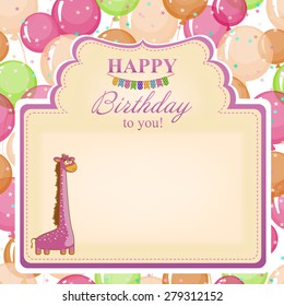 Children's congratulatory background with a pink giraffe. Postcard for greetings birthday with balloons for a little girl.