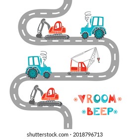 Childrens construction machinery pattern. Cartoon illustration scandinavian style. Transport machine excavator, tractor crane drives along the road. For nursery, wallpaper, printing fabric, wrapping.