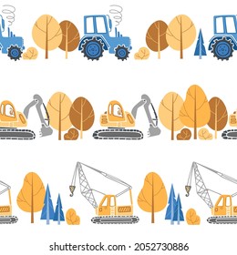 Childrens construction machinery pattern. Cartoon illustration scandinavian style. Transport machine excavator, tractor crane drives along the road. For nursery, wallpaper, printing fabric, wrapping.