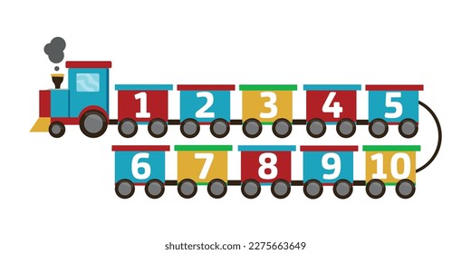 children's constructor train with trailers with numbers from 1 to 10. The concept of preschool education. Learn to count math. vector illustration isolated on white background.