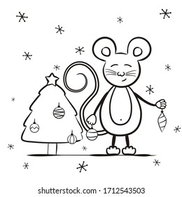 Children's contour coloring. A mouse decorates a Christmas tree with toys. Vector illustration for children's decor, cards, posters and books.