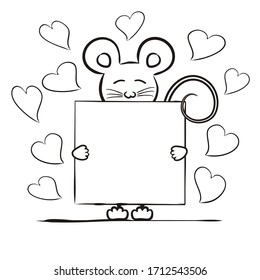 Children's contour coloring. The mouse holds in its paws a poster for text. Love card with hearts. Vector illustration for children's decor, cards, posters and books.
