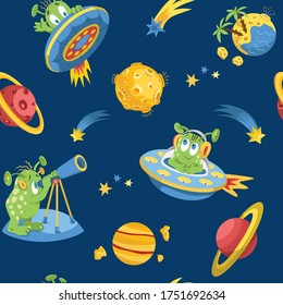 Children's cosmic background. Aliens cartoon. Planet vector