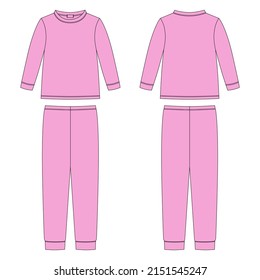 Childrens cotton sweatshirt and pants. Apparel pajamas technical sketch. Kids outline nighwear design template. Pink colors. Front and back view. CAD fashion design. Vector illustration