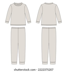 Childrens cotton sweatshirt and pants. Grey color. Apparel pajamas technical sketch. Kids outline nighwear design template. Front and back view. CAD fashion design. Vector illustration