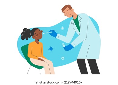 Childrens covid19 test. Friendly medical doctor using a cotton swab to test a an African-American girl for coronavirus, carefully performing a nasal and throat analysis in clinic, vector illustration