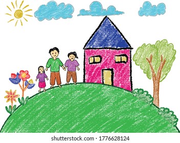 children's crayon paintings, hand painting using crayons, family theme crayon paintings