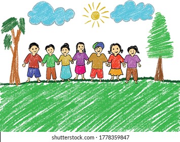 children's crayon paintings, hand painting using crayons, family theme crayon paintings