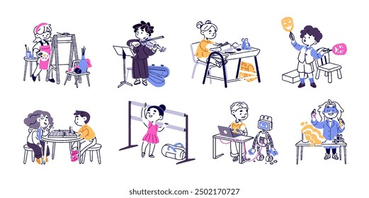 Children's creative activities set. Cute contour kids with different hobbies: drawing, painting, play music instrument, chess, dance. Flat isolated outline vector illustrations on white background