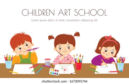 Children's creativity in art class. Small children draw together. Cartoon style. Isolated on a white background. It can be used as a template for booklets, posters, invitations and flyers. 