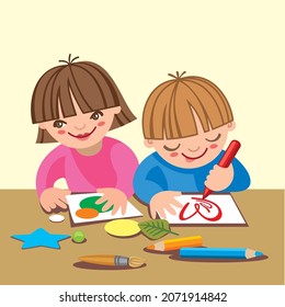 Children's creativity. A boy and a girl are enthusiastically engaged in creativity.