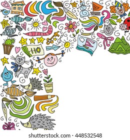 Children's creativity corner border. Vector illustration.