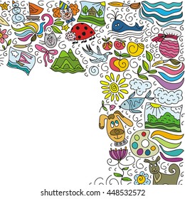 Children's creativity corner border. Vector illustration.