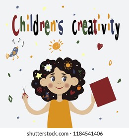 
Children's creativity. Girl cuts out of paper. The dark-haired girl is engaged in creativity.