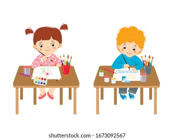 Children's creativity. Little boy and girl paint at the table. Cartoon style. Isolated on a white background.