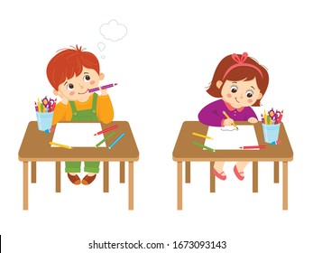 Children's creativity. Little boy and girl draw with colored pencils at the table. Cartoon style. Isolated on a white background.