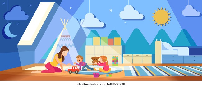 Children's creativity. Mother And Children Playing With toys in the cozy playroom during coronavirus crisis. Concept motherhood child-rearing. Stay at home vector cartoon illustration.