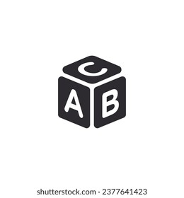 Children's cube. Wooden cube with alphabet. Teaching children. Children's game of letters. Learning the alphabet. Logo template. Children's game icon. Cube with letters. ABC toy blocks. 3D abc cube.