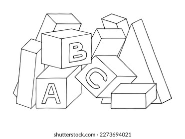 Children's cubes with ABC. Freehand drawing. Doodle. Hand Drawn. Outline. Coloring page.	