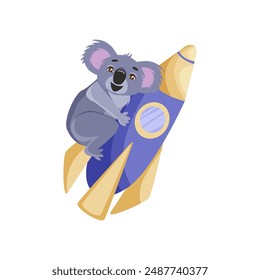 Childrens cute animal card. Koala bear flies on a rocket. Card, poster for nursery, greeting card. Isolated vector illustration on the white background