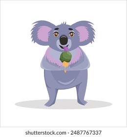 Children's cute animal card. Koala bear eats ice cream. Cute character for kids. Isolated vector illustration for children.