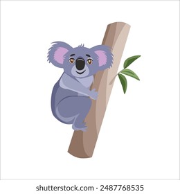 Children's cute animal card. Koala bear sitting on a tree. Cute character for kids. Isolated vector illustration for children.