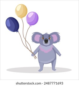 Children's cute animal card. Koala bear with balloons. Cute character for kids. Isolated vector illustration for children.