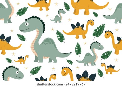 Childrens cute animal dinosaur pattern on white isolated background. Funny dinosaurs in children's cartoon style, prehistoric wild nature . For children's decor, wallpaper, cards.