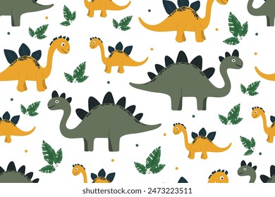 Patrón de dinosaurio animal lindo de los niños en fondo aislado blanco. Dinosaurios de dibujos animados de moda con picos en estilo plano. Para el Fondo de pantalla, tarjetas, decoración temática.