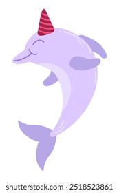 Childrens cute animal. Dolphin character with present. Kids birthday concept. Element for invitation, print, banner, card, brochure, logo