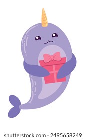 Childrens cute animal. Little narwhal character with present. Kids birthday concept. Element for invitation, print, banner, card, brochure, logo