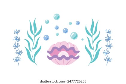 Childrens cute animal. A pearl in an open marine shell in in algae and bubbles around it. Sea and ocean life vector illustration