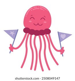 Childrens cute animal. Pink octopus illustration isolated on white background. Element for invitation, print, banner, card, brochure, logo