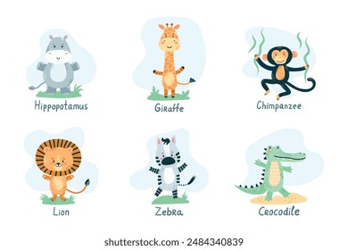 Childrens cute animal set. African animals, wildlife. Cute character. Flat vector illustration for children