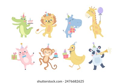 Childrens cute animal set. Birthday greetings, animals with party cakes and hats. Vector illustration
