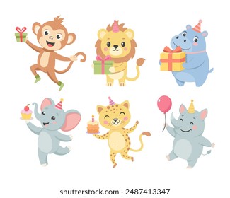 Childrens cute animal set. Birthday greetings, baby animals with party hats, cakes, gift boxes, balloons. Illustrations for birthday party, cards 