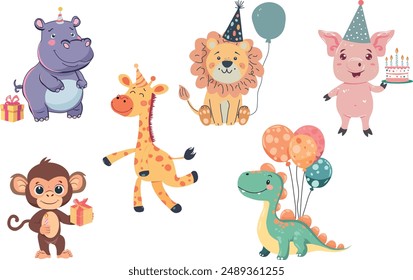 Conjunto de animales lindos para niños. Saludos de cumpleaños, animales con pasteles y sombreros de fiesta. Ilustración vectorial