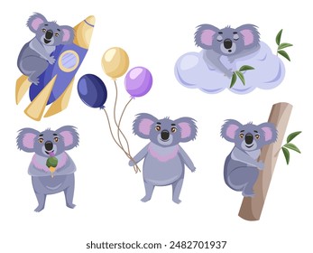 Conjunto de animales lindos para niños. Juego de cinco lindos koalas. Koala en un cohete, en un árbol, con helado y globos. Koala durmiente. Ilustración vectorial para niños.