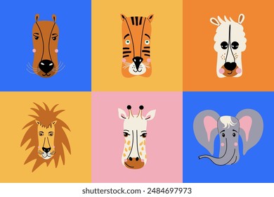 Conjunto de animales lindos de los niños. Elementos de tarjetas flash para niños. Personajes de animales salvajes estilizados. Ilustraciones vectoriales de diseño plano dibujadas a mano.