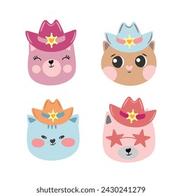 Childrens cute animal set. Set of cute little cats with a cowboy hat. Wild West fashion style vector for invitation, wrapping paper, packaging etc.