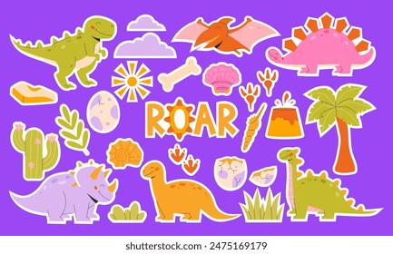 Childrens cute animal stickers set. Set of cartoon dinosaurs. Palm tree, shells, grass, volcano, bones, clouds