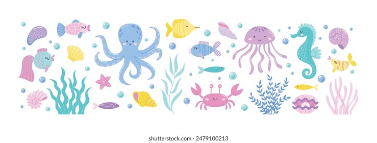 Childrens cute animals. Funny undersea animals, marine shells and seaweeds. Sea and ocean life vector illustration