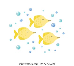 Childrens cute animals. Funny yellow tang fishes in bubbles. Sea and ocean life vector illustration