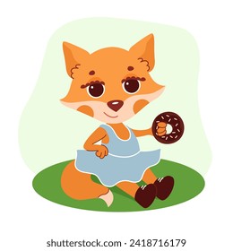childrens cute animals posters little  fox in a sundress with a chocolate donut in a clearing
